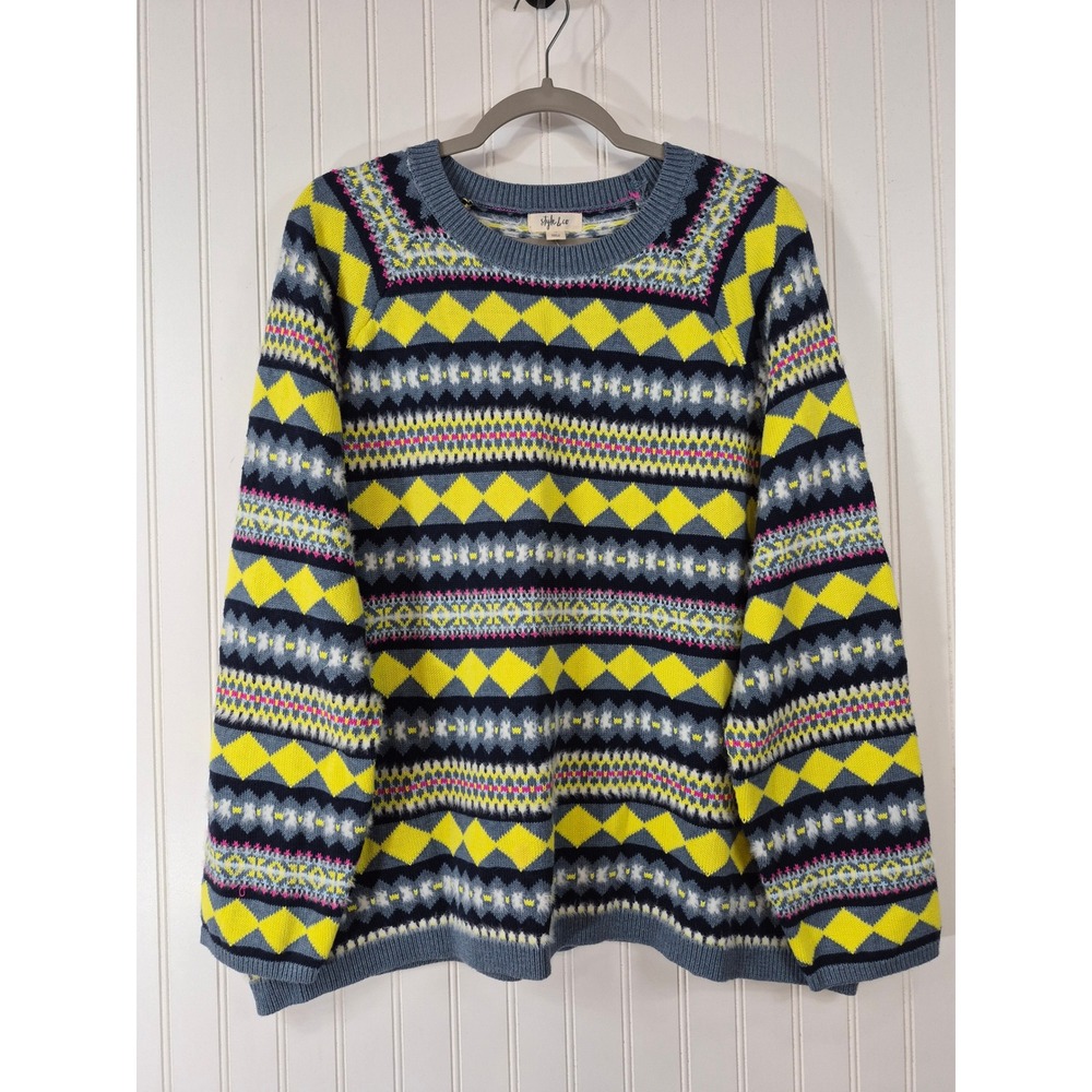 NEW Style & Co Womens 3X Fair Isle Geometric Pullover Sweater Blue Yellow